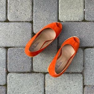 Straw and Orange Velvet Wedge, Open Toe, Stripe